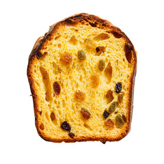 Top view of a slice of panettone with visible raisins and orange zest isolated on transparent background