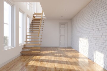 Fototapeta premium Bright modern interior with wooden stairs and white brick wall.