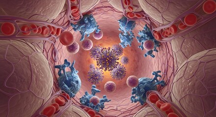 A detailed illustration of microscopic viruses and bacteria floating within a human bloodstream, highlighting the complexity of immune system interactions