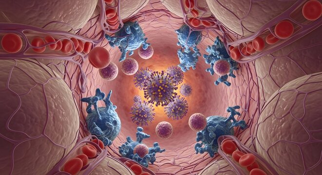 A detailed illustration of microscopic viruses and bacteria floating within a human bloodstream, highlighting the complexity of immune system interactions - Powered by Adobe