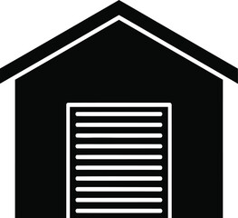 Simple black silhouette icon of a garage with a roll up door on white background