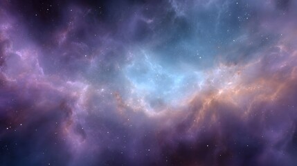 Fototapeta premium A vibrant cosmic nebula with swirling clouds of purple blue and orange dotted with distant stars in the deep expanse of the universe