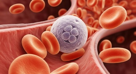 A detailed close-up illustration of human blood components showing red blood cells and a white blood cell within a blood vessel