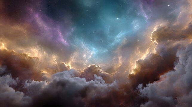 Majestic cosmic nebula clouds with swirling vibrant colors and distant stars illuminate the vast expanse of space