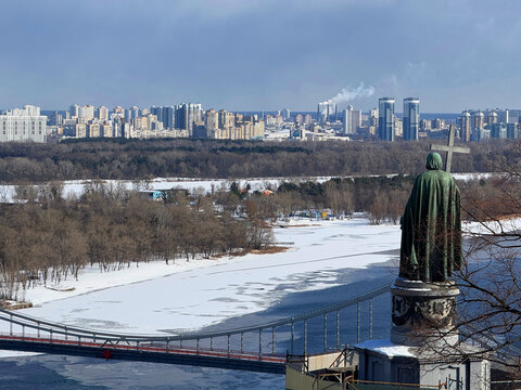 Ukraine Kyiv Monument to prince Vladimir the Great erected in 1853 on St. Volodymyr's Hill, overlooking the Dnieper River and the left bank of the city in winter.