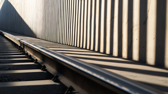A minimalist composition featuring the play of light and shadow on a railway track. The juxtaposition of linear elements creates depth and visual interest. A modern take on infrastructure.