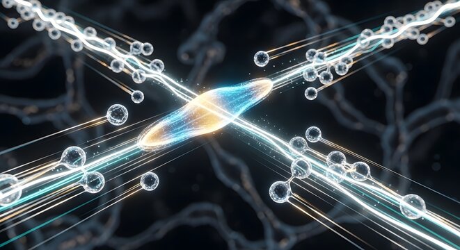 A detailed illustration of a neuron with glowing dendrites and axons transmitting electrical signals in a neural network visualization