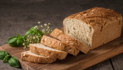 Golden Crust, Sliced Delight. Still Life with Bread and Greens on a Wooden Board.