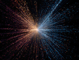 Abstract visualization of glowing orange and blue data points radiating from central point, representing digital information flow and futuristic technology on black background
