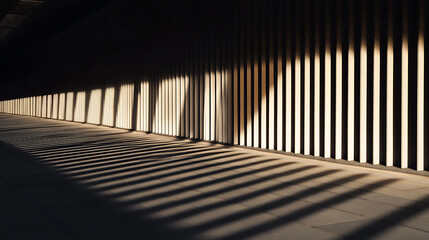 Abstract architectural shot featuring strong light and shadow play. The linear composition is emphasized by light, creating an interesting visual with contrast and depth.