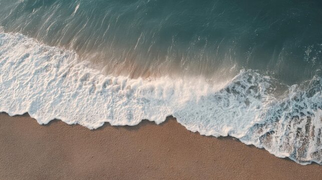 Aerial view of a beach with the ocean waves crashing onto the shore. the water is a deep blue-green color and the sand is a light brown color.