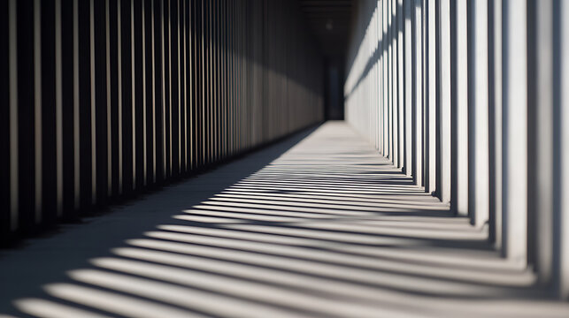 Architectural marvel of light and shadow. Parallel lines create a mesmerizing visual rhythm along a pathway, highlighting the play of sunlight. Simple yet captivating.