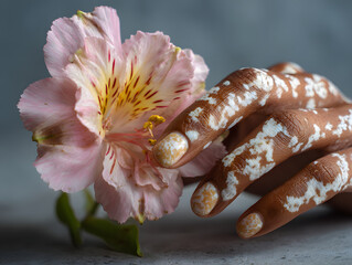 Close up of hand with vitiligo gently touching delicate pink flower, highlighting unique skin patterns and natural beauty in soft, serene setting