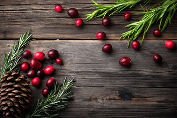 Rustic Christmas Still Life With Pinecones Rosemary and Cranberries on Weathered Wood Table