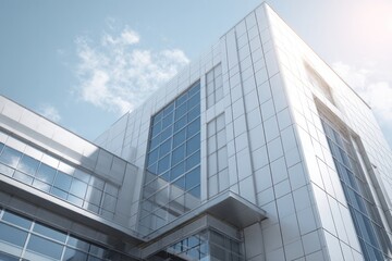 Fototapeta premium Modern architecture of a white building with blue glass windows under sky.