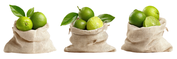Three burlap sacks overflowing with fresh green citrus fruit and a few green leaves