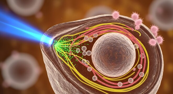 A detailed illustration of a cell undergoing a scientific process with colorful pathways and particles inside the cell membrane, highlighting biological functions
