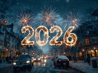 Festive 2026 Fireworks with Glowing Bokeh Lights.