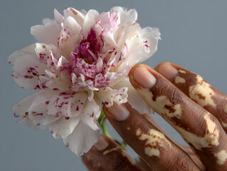 Close up of hand with vitiligo gently touching white peony flower with pink spots, soft natural light, calm and serene mood