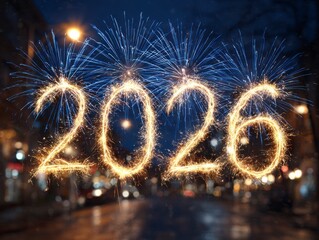 Festive 2026 Fireworks with Glowing Bokeh Lights.
