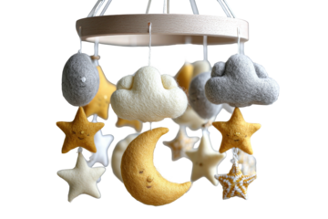 A baby mobile featuring handmade felted stars, clouds, and a crescent moon