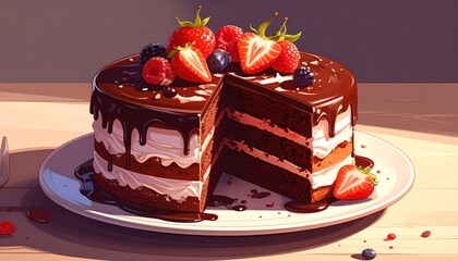 Animated chocolate cake with cream filling, topped with fresh berries
