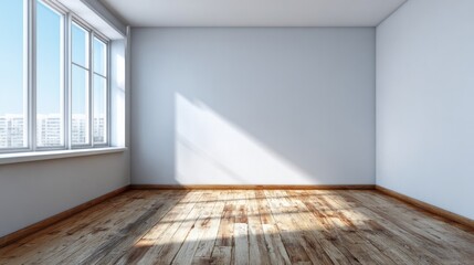 Obraz premium Sunlight streams across empty room with large window.