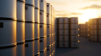 Rows of gray cylindrical containers are stacked, reflecting a golden sunset. The storage area is large, holding numerous containers, creating a sense of industry and scale.