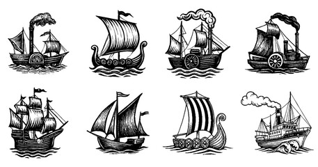 Vintage ship illustrations with various historical vessels, sailing ships, Viking longships, engraved style on transparent background
