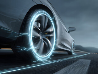 Electric car wheel with glowing blue energy effect, futuristic design, fast motion, and dynamic road environment, showcasing innovation and eco friendly technology