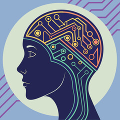 Artificial intelligence concept showing a human head with colorful circuits inside, representing the inner workings of the mind and modern technology