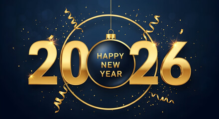 Fototapeta premium Happy New Year 2026 elegant design with golden numbers, festive dark blue background, sparkling confetti, and ribbons for celebration greetings.
