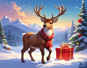 Animated deer in snowy landscape with a Christmas gift