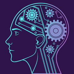 Artificial intelligence concept showing a human head with gears and circuits inside, representing the inner workings of the mind and modern technology