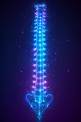 Cyberpunk-style human spine made of light beams and energy nodes, digital anatomy theme.
