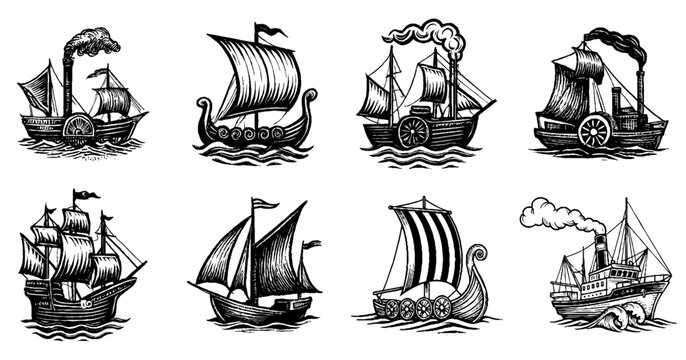Vintage ship illustrations with various historical vessels, sailing ships, Viking longships, engraved style on transparent background