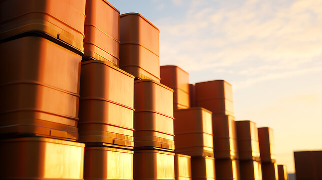 Stacks of containers bask in the glow of the setting sun, casting long shadows across the yard, a scene of organized storage and transportation logistics. Boxes against sky.