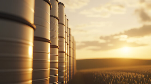 A line of steel drums stand against a hazy sunset, the light casting a golden hue over the landscape and industrial storage, creating a juxtaposition. A visual of golden hour!