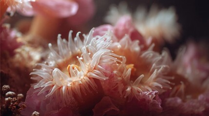 Close-up of a group of pink and white sea anemones. the anemone in the center of the image has a long, slender body with multiple tentacles extending outwards from its center.