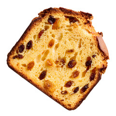 Top view of a slice of panettone with visible raisins and orange zest isolated on transparent background