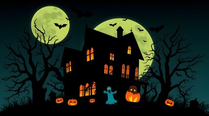 Dark spooky Halloween night background with haunted house silhouette, moon, bats, and pumpkin