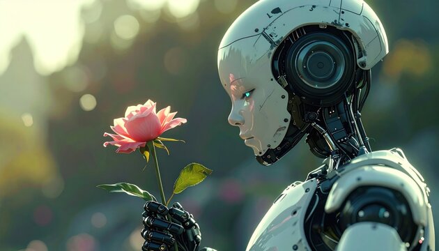 Android admiring a rose in a sun-dappled garden - Powered by Adobe