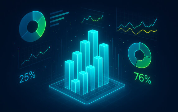 Futuristic glowing blue bar chart and data visualizations on dark background for financial analysis
