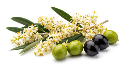 Olive branch with flowers and olives fresh harvest isolated on white background