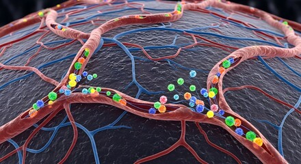 A detailed illustration of blood vessels and circulating cells within the human circulatory system, highlighting the complexity of vascular networks and blood flow