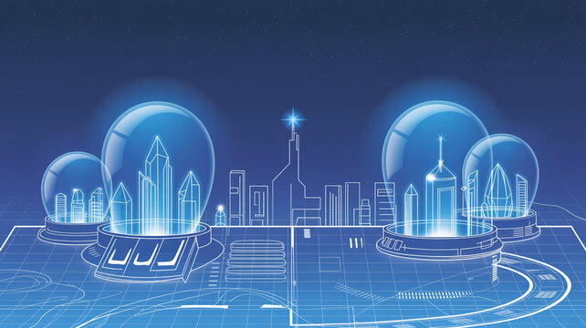 Futuristic city blueprint with glowing skyscrapers under protective domes, a vision of sustainable urban planning and innovative architecture for future generations - Powered by Adobe
