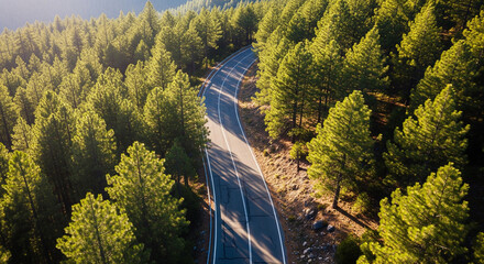 Aerial drone top view of empty road through green pine forest on sunny morning