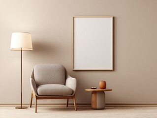 Beige living room with armchair, lamp, and blank art