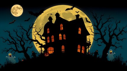 Spooky haunted house with pumpkins and bats on a dark Halloween night
