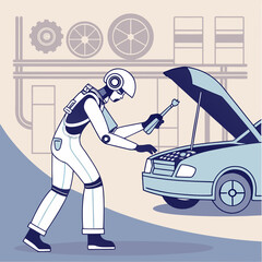 A robot mechanic is repairing a car in a garage, he is holding a wrench and looking at the engine